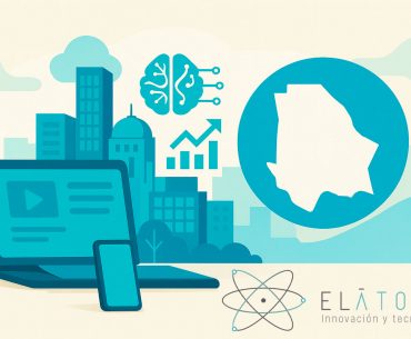 Ilustración moderna de Chihuahua con elementos tecnológicos y ciudad, portada de El Átomo Innovación y Tecnología, agencia de marketing digital en Chihuahua