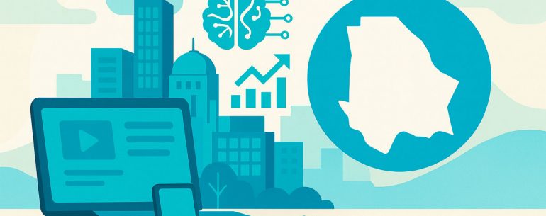 Ilustración moderna de Chihuahua con elementos tecnológicos y ciudad, portada de El Átomo Innovación y Tecnología, agencia de marketing digital en Chihuahua