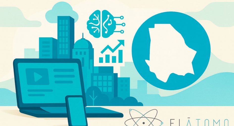 Ilustración moderna de Chihuahua con elementos tecnológicos y ciudad, portada de El Átomo Innovación y Tecnología, agencia de marketing digital en Chihuahua